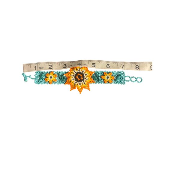 Shakira Huichol Seed Bead Cuff Bracelet 3D Flowers Turquoise Orange 3 Sizes NWT - Picture 7 of 8